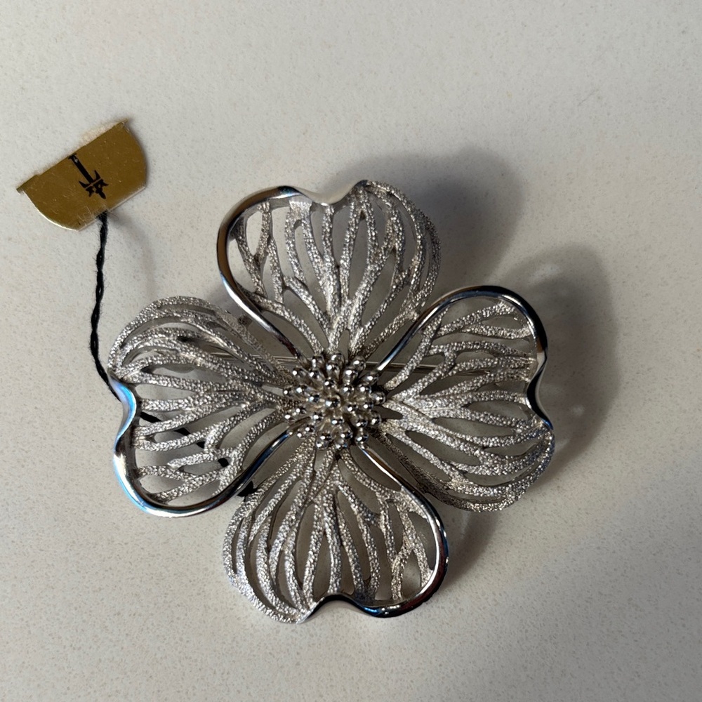 Vintage Trifari Silver Tone Flower Brooch Large Openwork Signed